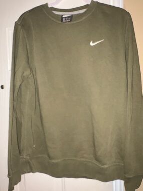 Nike Men's Olive Crewneck Sweatshirt with White Swoosh